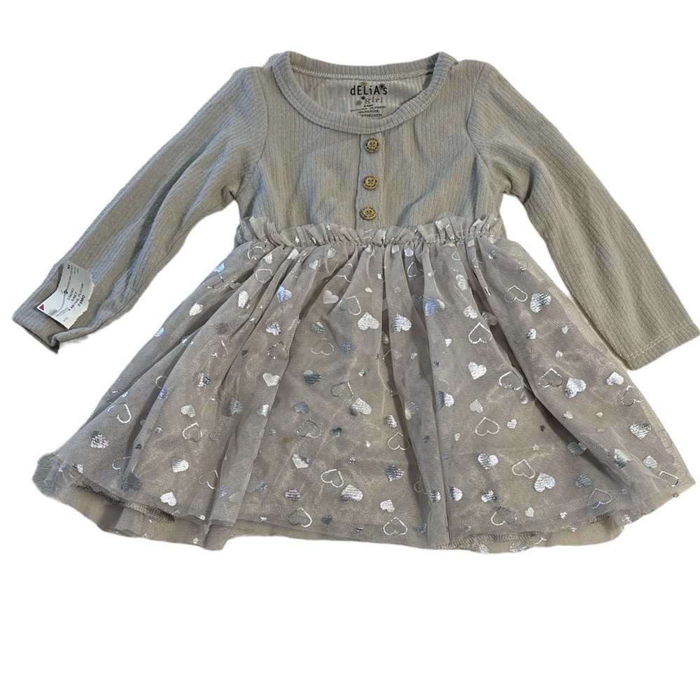 dELiA*s Girls Baby's Long-Sleeve Tutu-Hem Henley-Detail Dress Gray 24m